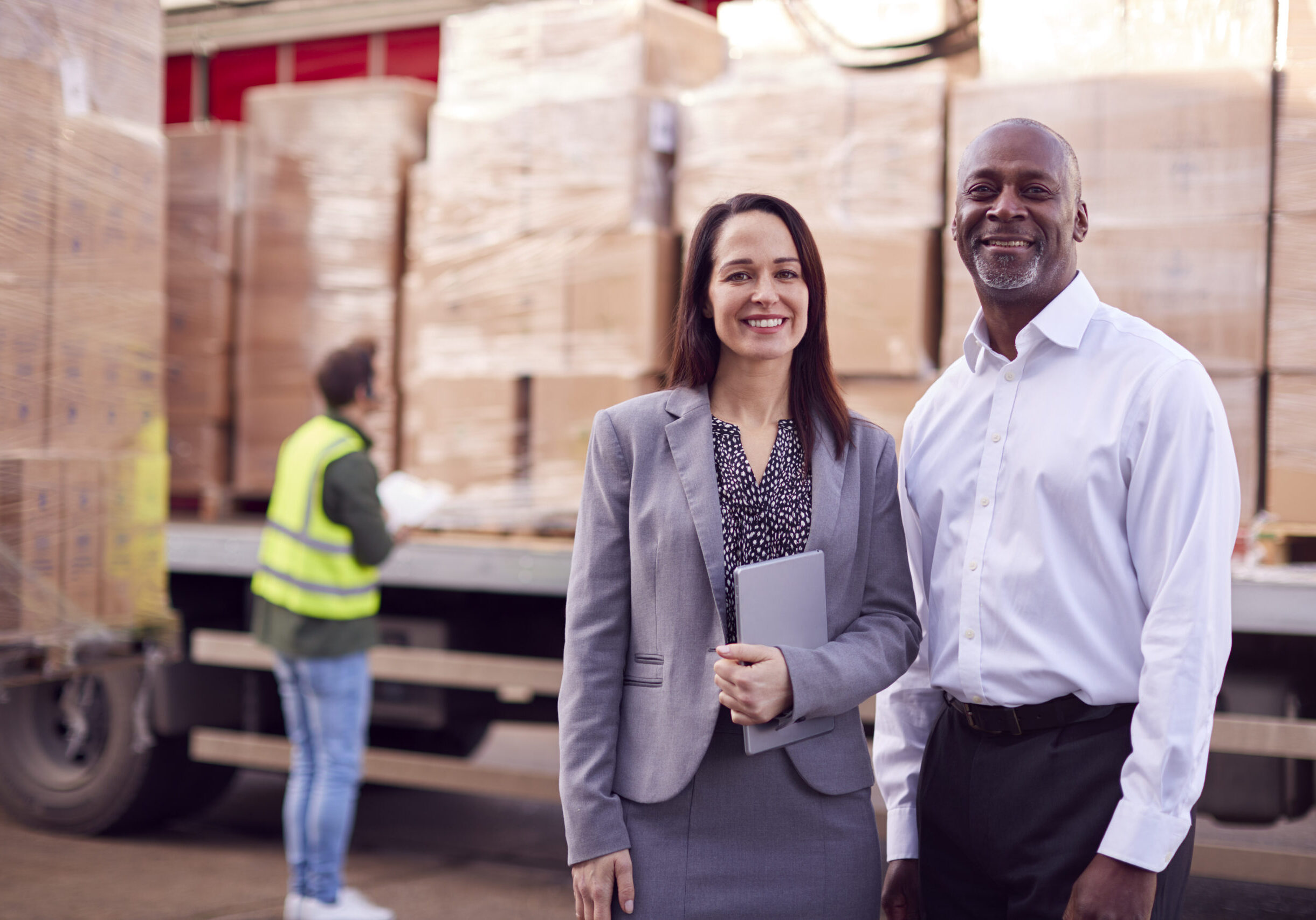 Portrait Of Multi-Cultural Freight Haulage Team Standing By Truck Being Loaded By Fork Lift